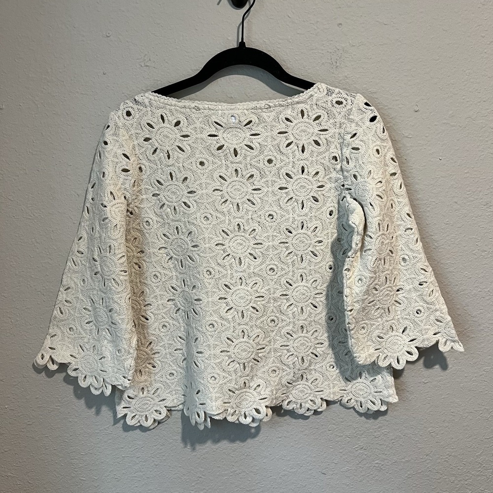 J. Jill Women's Barley Crochet Top Petite S Cream Floral Eyelet 3/4 Slv Cottage - Picture 6 of 8